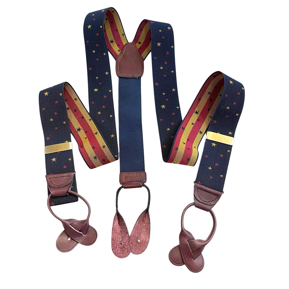 VTG 90s Perry Ellis Portfolio Button Navy Suspenders Leather Ends Y-Back Brass